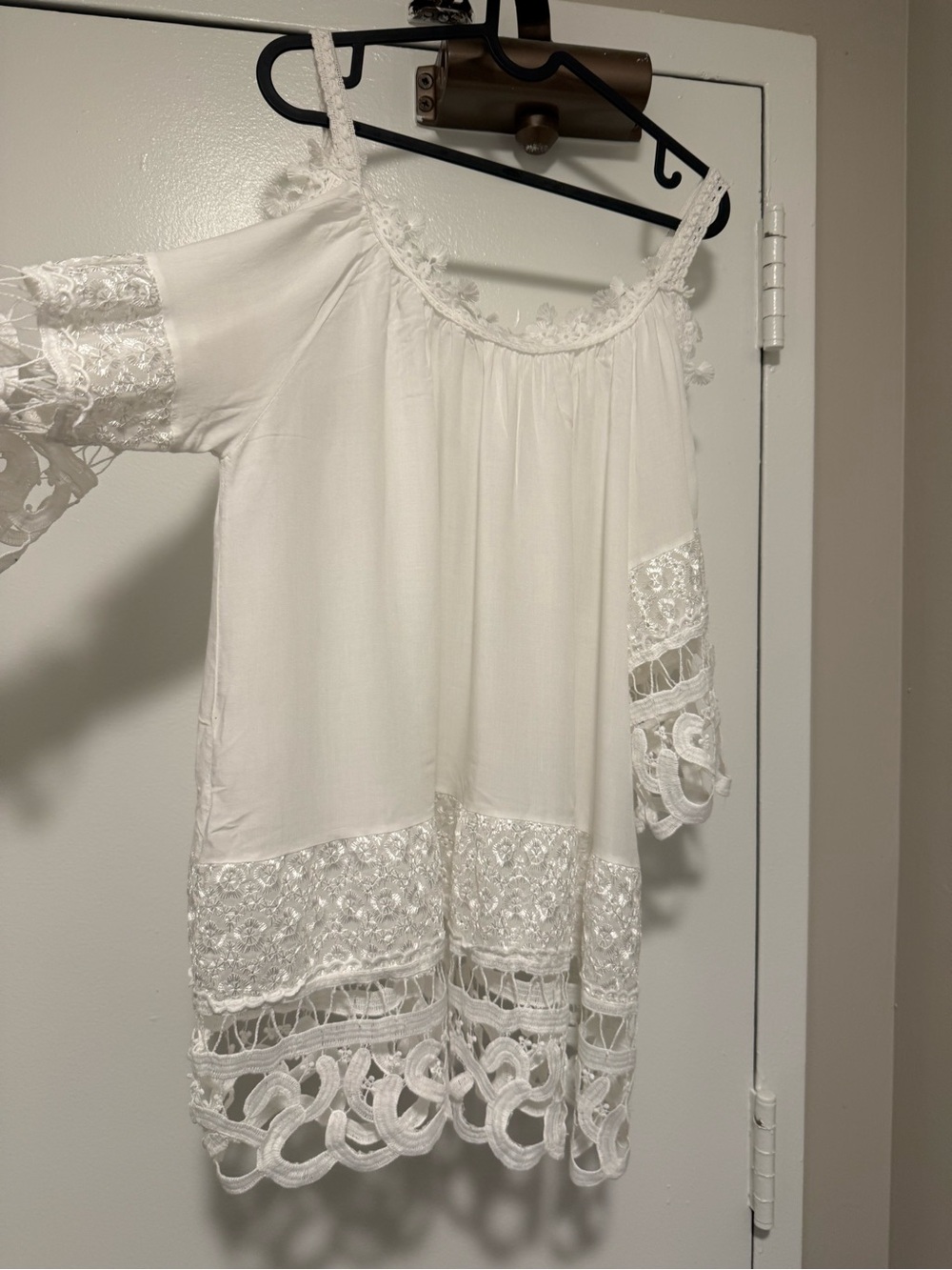 White Lace Trim Cold-Shoulder Blouse
